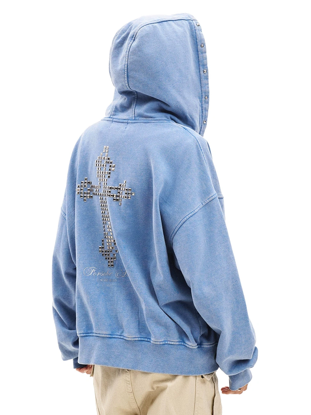 Powder Blue Cross-Stud Distressed Zip Hoodie — product view 4