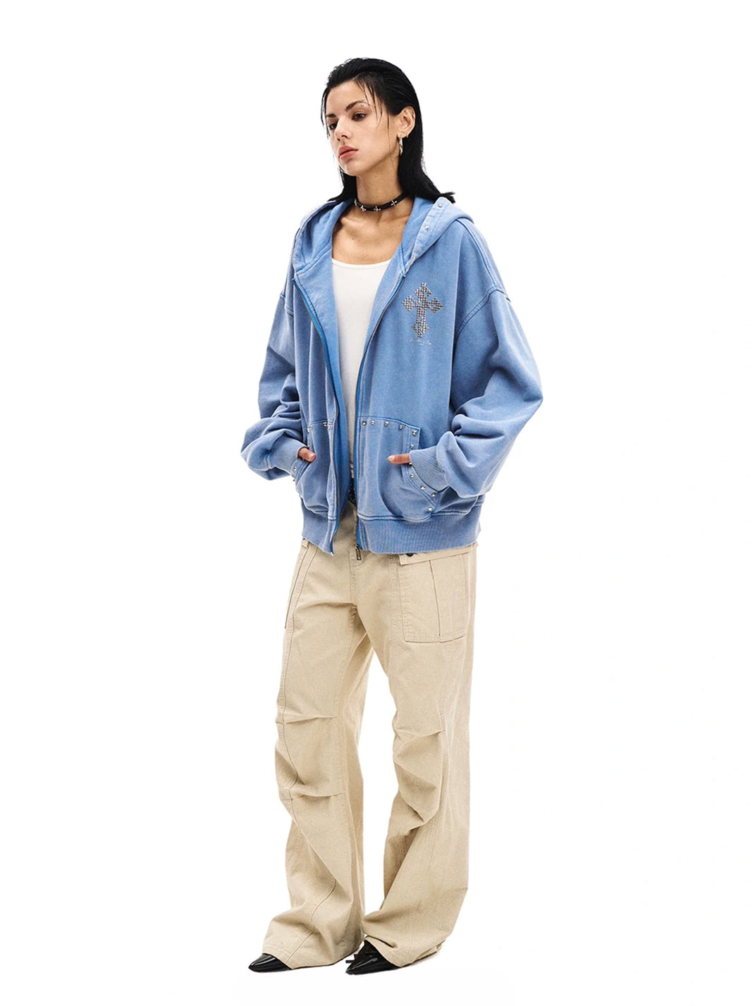 Powder Blue Cross-Stud Distressed Zip Hoodie — product view 5