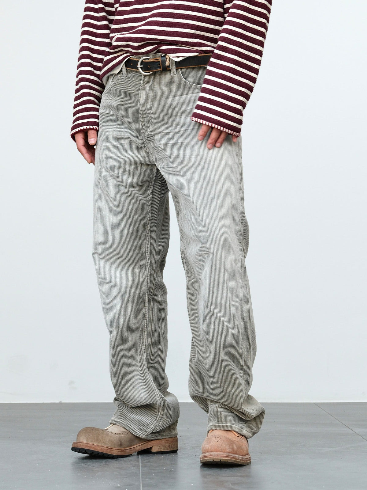 Faded Straight Leg Corduroy Pants - Light Gray 11