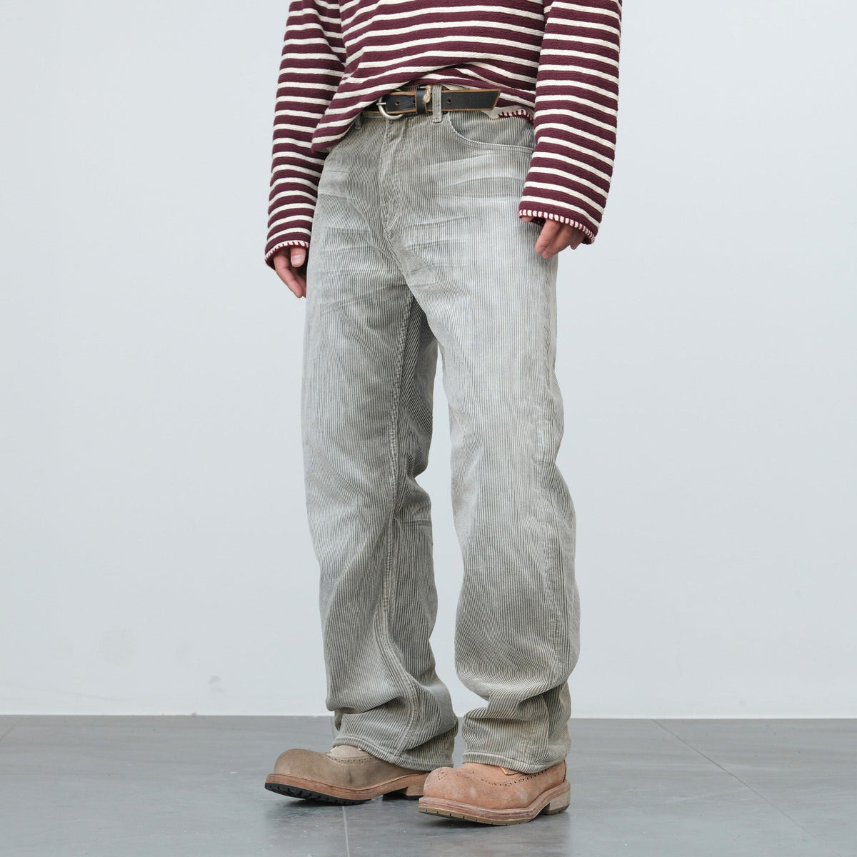 Faded Straight Leg Corduroy Pants - Light Gray 3