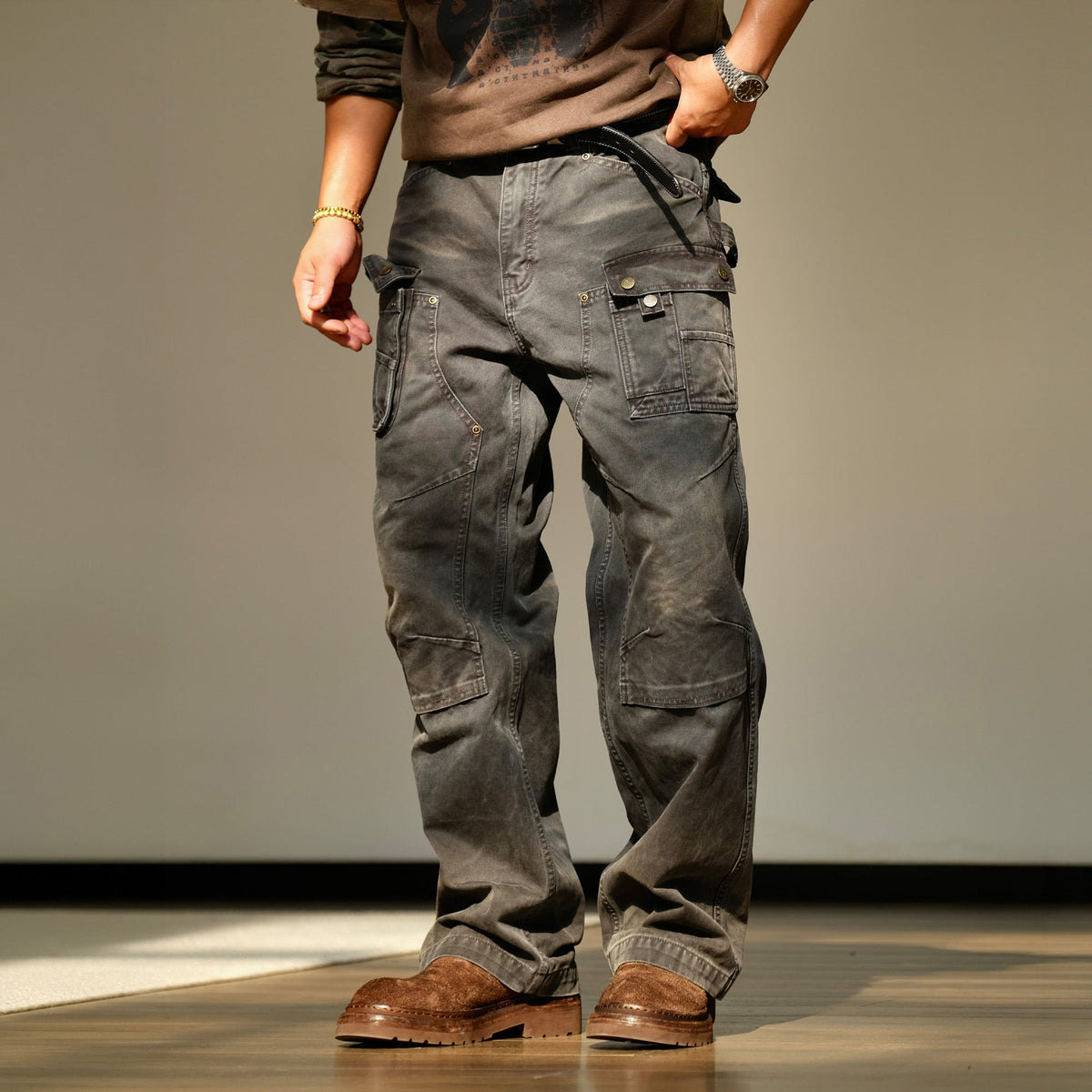 Washed Cotton Utility Pocket Cargo Pants - product view 1