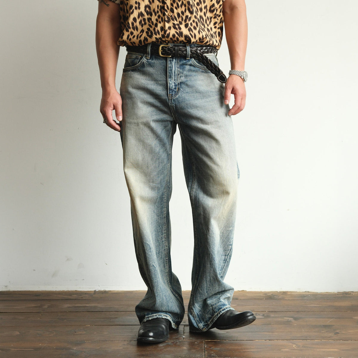 Whiskered Vintage Wash Straight Leg Jeans - product view 1