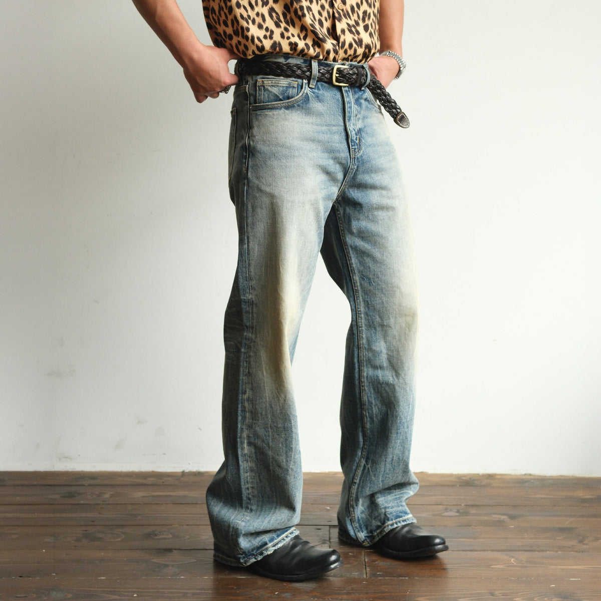 Whiskered Vintage Wash Straight Leg Jeans - product view 3