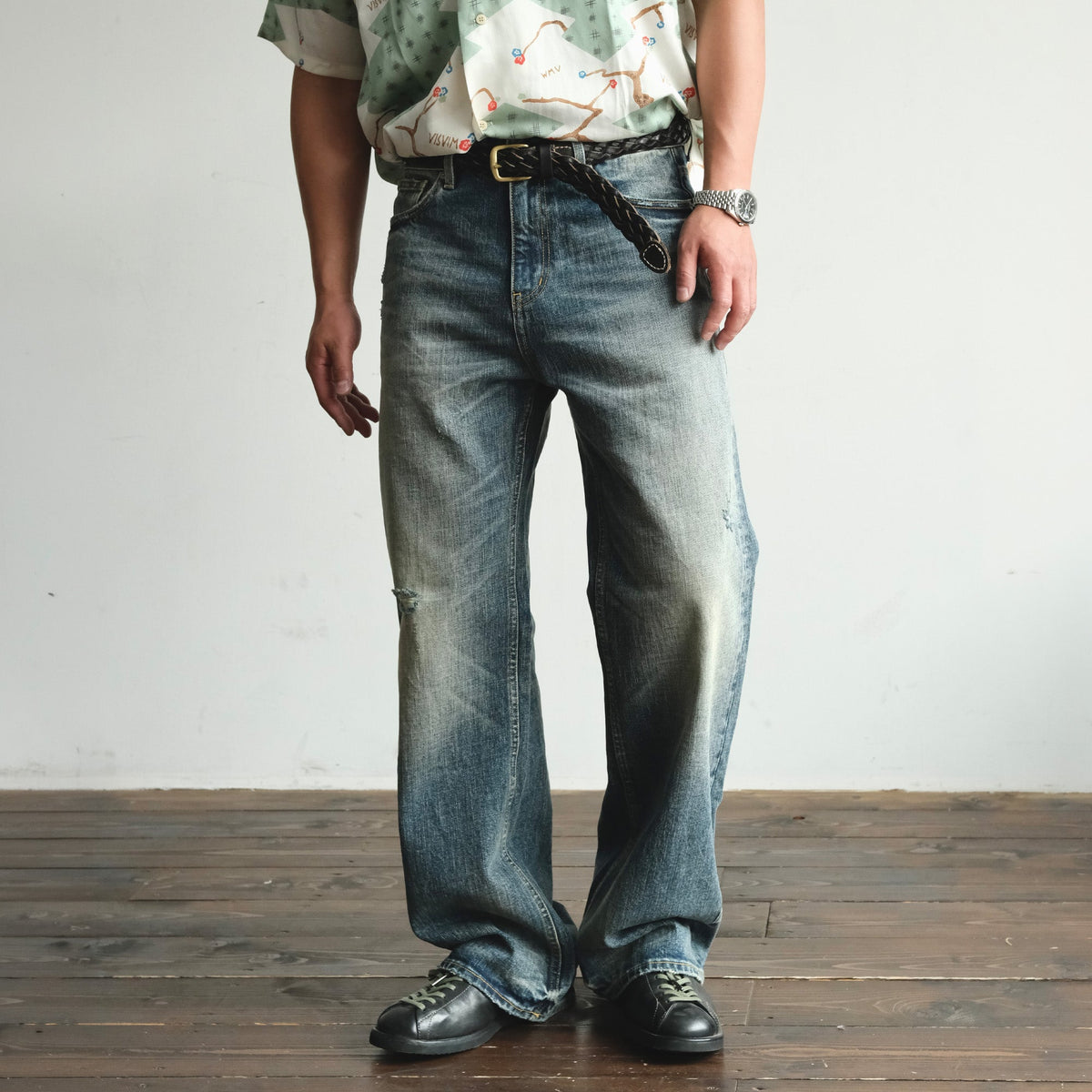 Faded Blue Cotton Flare Jeans - product view 1