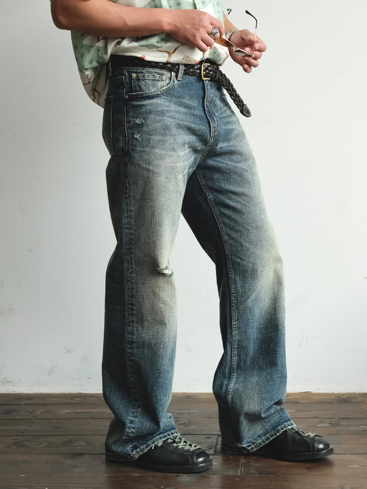 Faded Blue Cotton Flare Jeans - product view 11