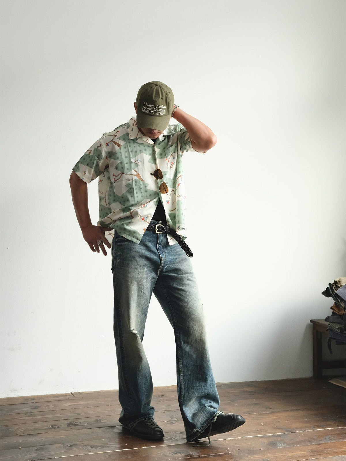 Faded Blue Cotton Flare Jeans - product view 6
