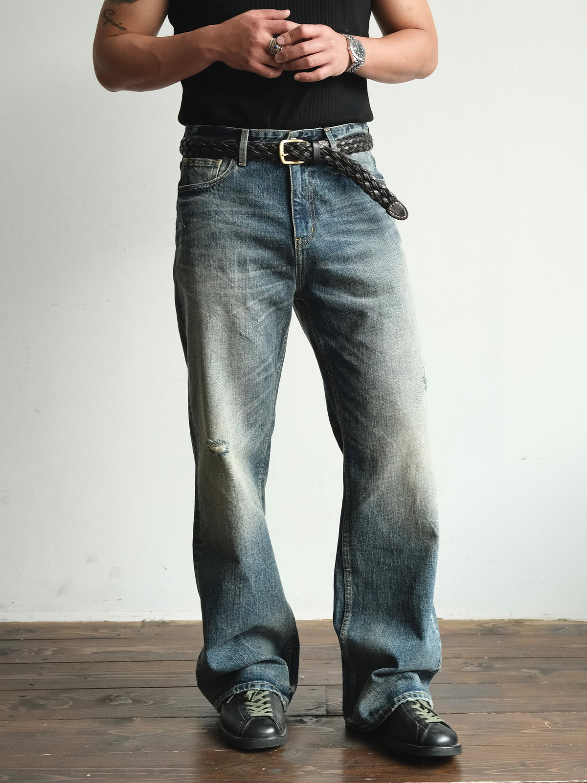 Faded Blue Cotton Flare Jeans - product view 7