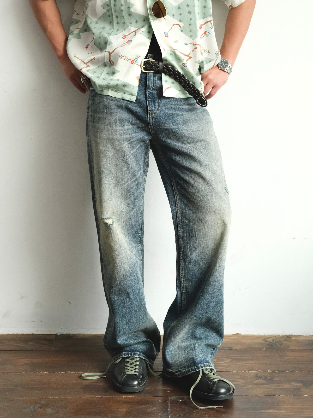 Faded Blue Cotton Flare Jeans - product view 8