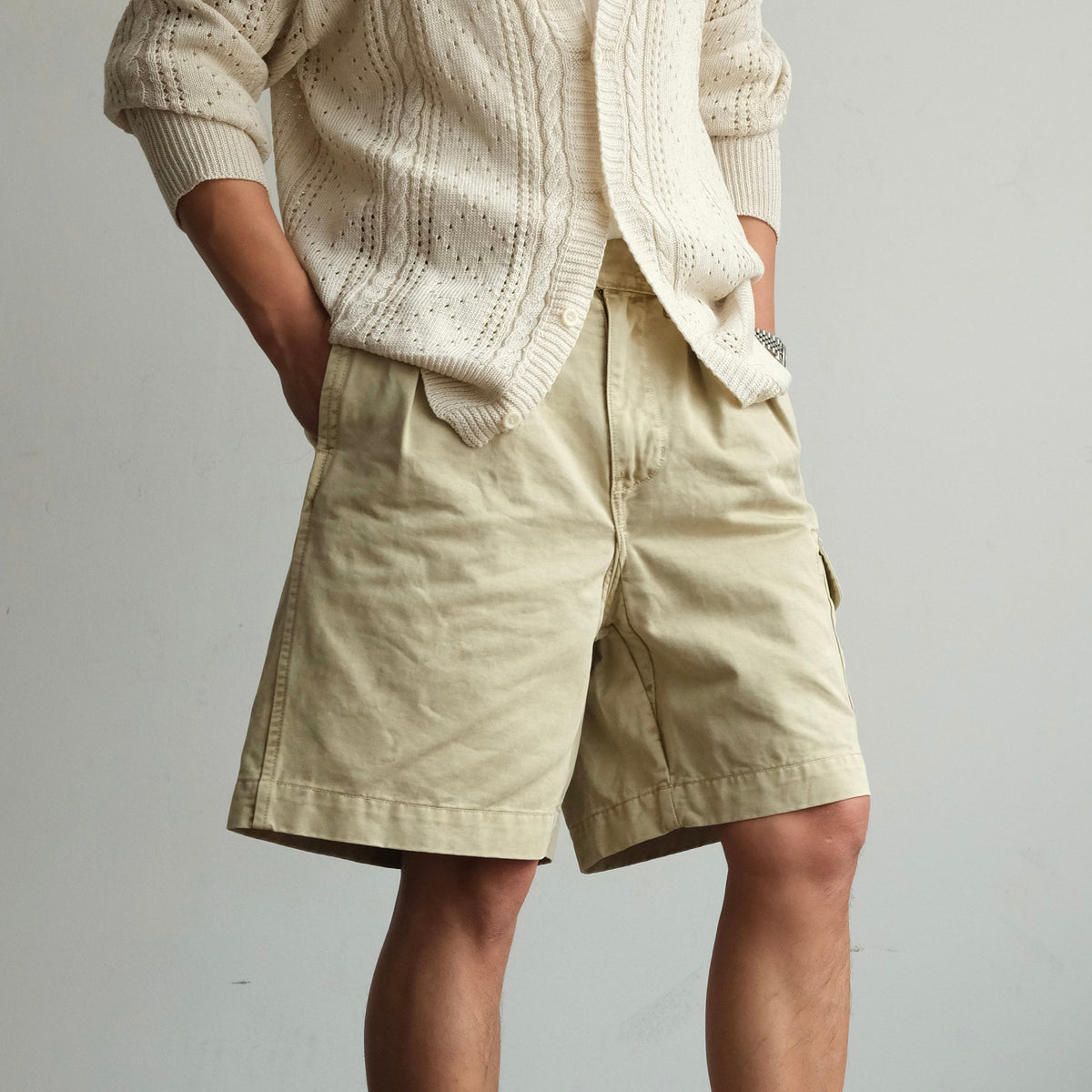 Washed Cotton Pleated Cargo Shorts - product view 6