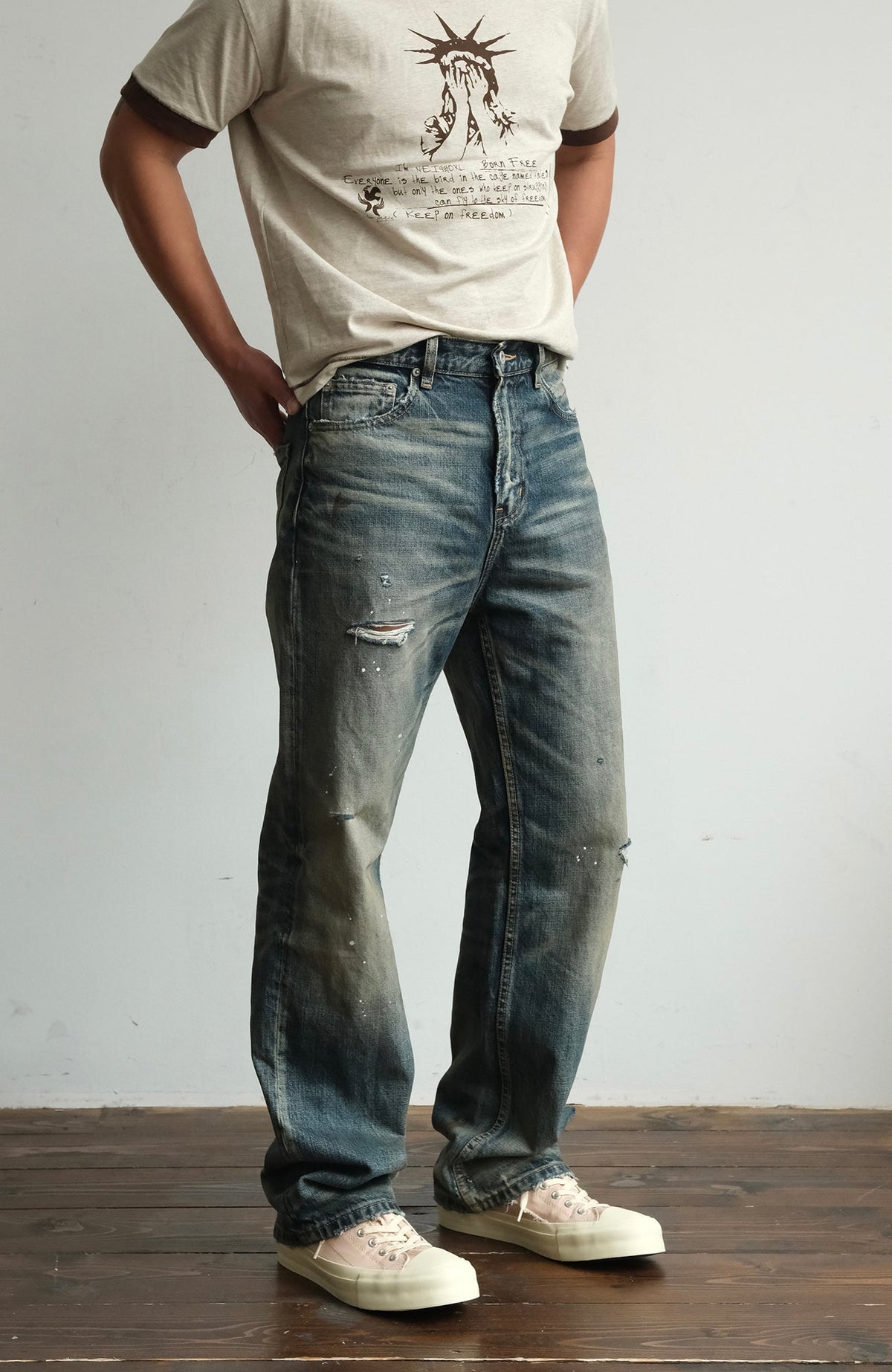 Faded Blue Ripped Straight Leg Jeans - detail or styled view 4