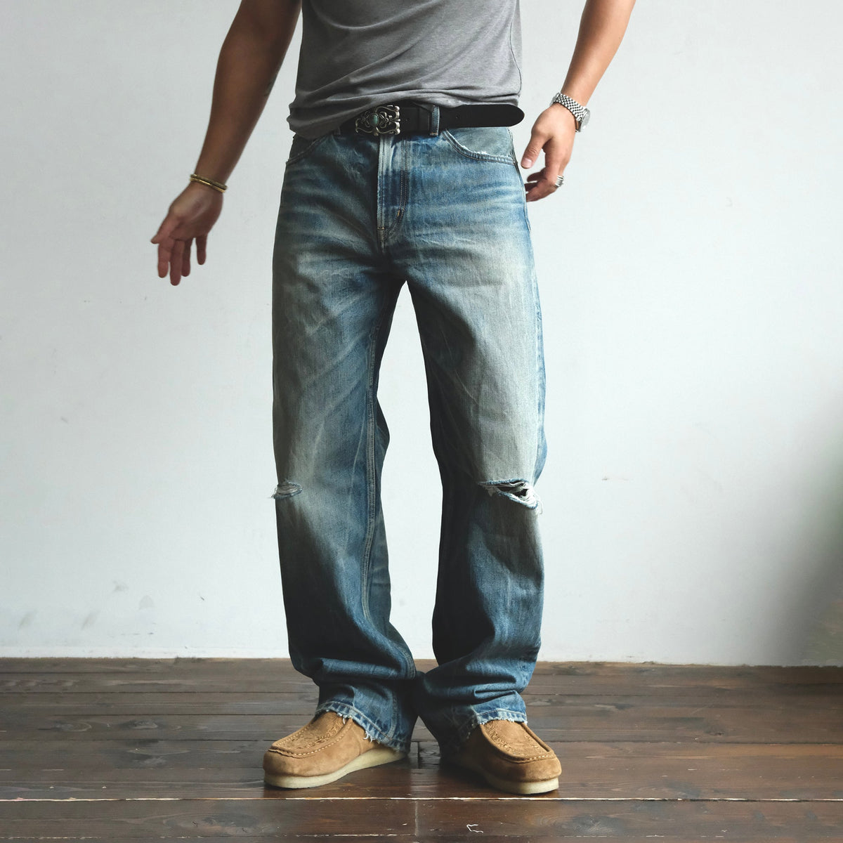 Faded Blue Loose Fit Distressed Jeans - product view 1