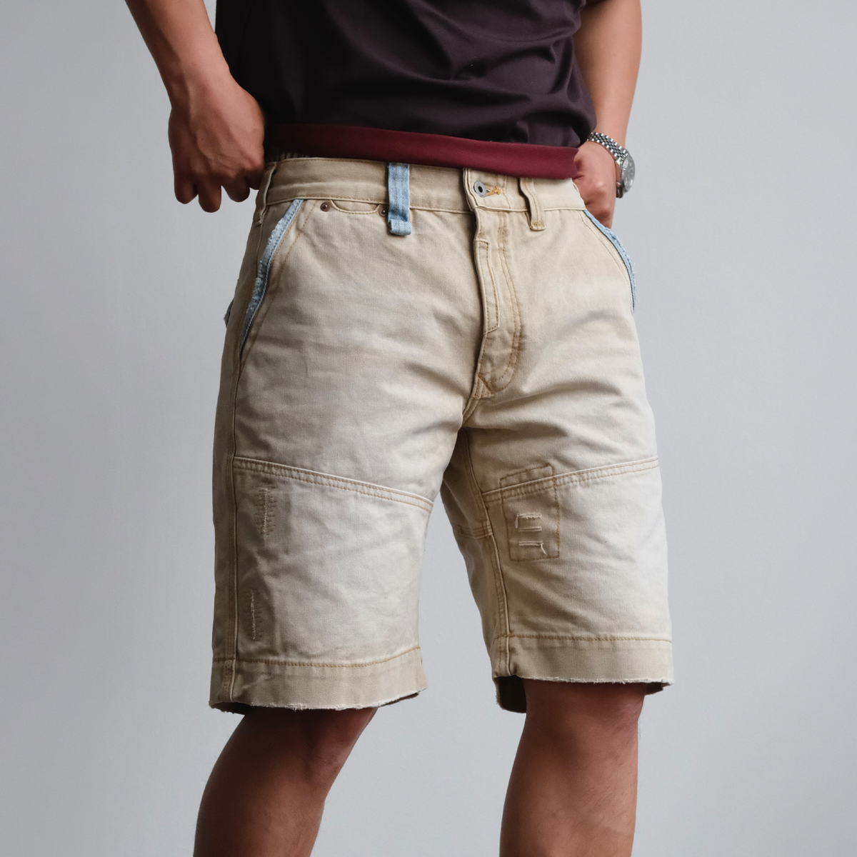Denim Trim Washed Cotton Utility Shorts - product view 1