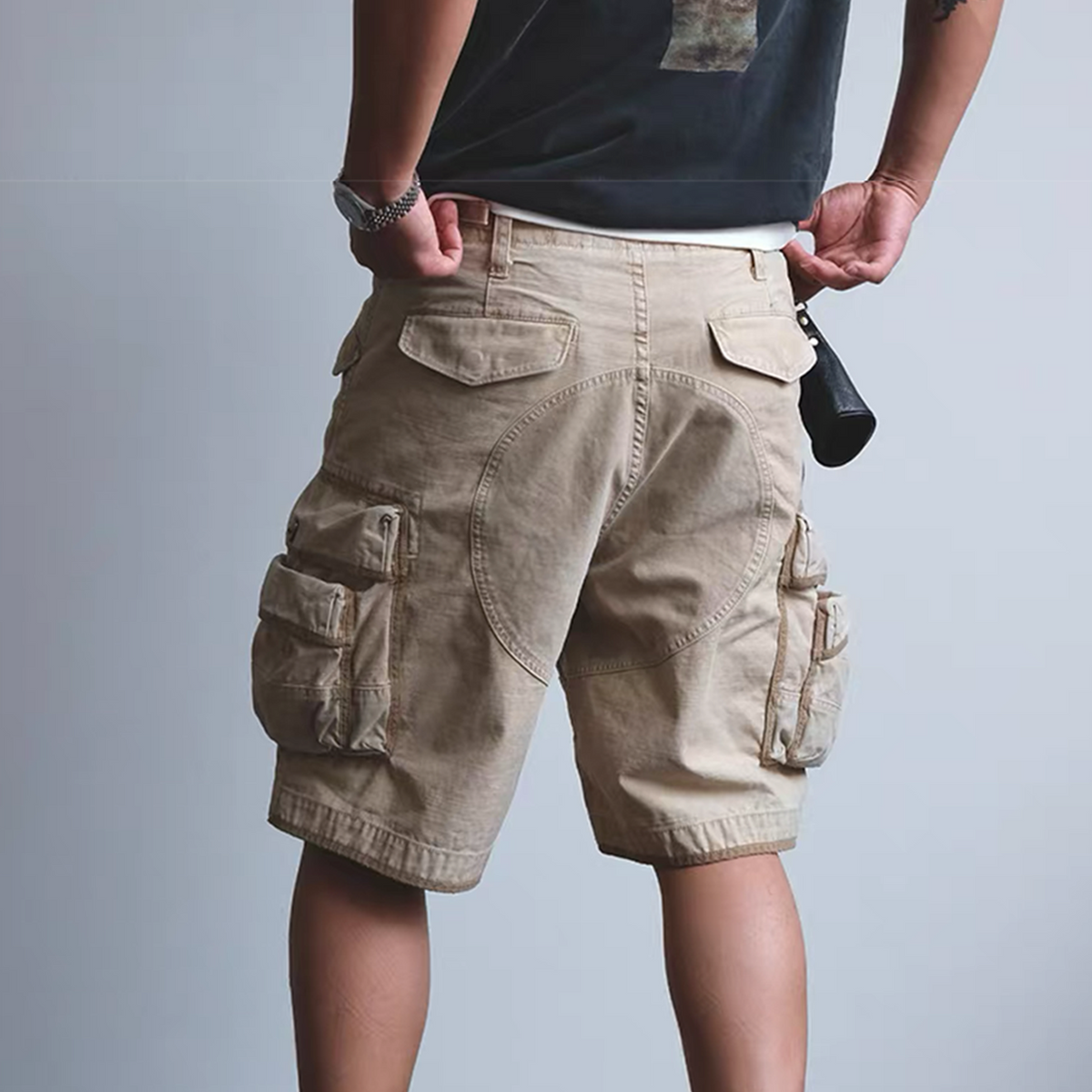 Curved Panel Cotton Utility Cargo Shorts - detail or styled view 3