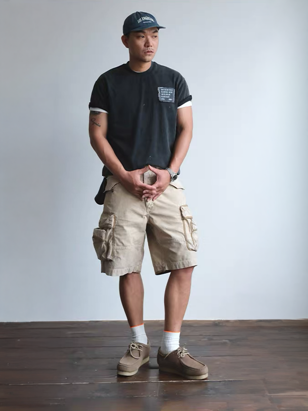 Curved Panel Cotton Utility Cargo Shorts - detail or styled view 5