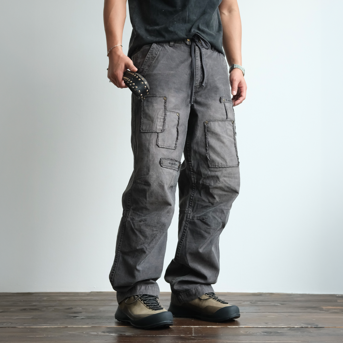 Charcoal Raw Edge Patch Pocket Cargos - detail or styled view 12