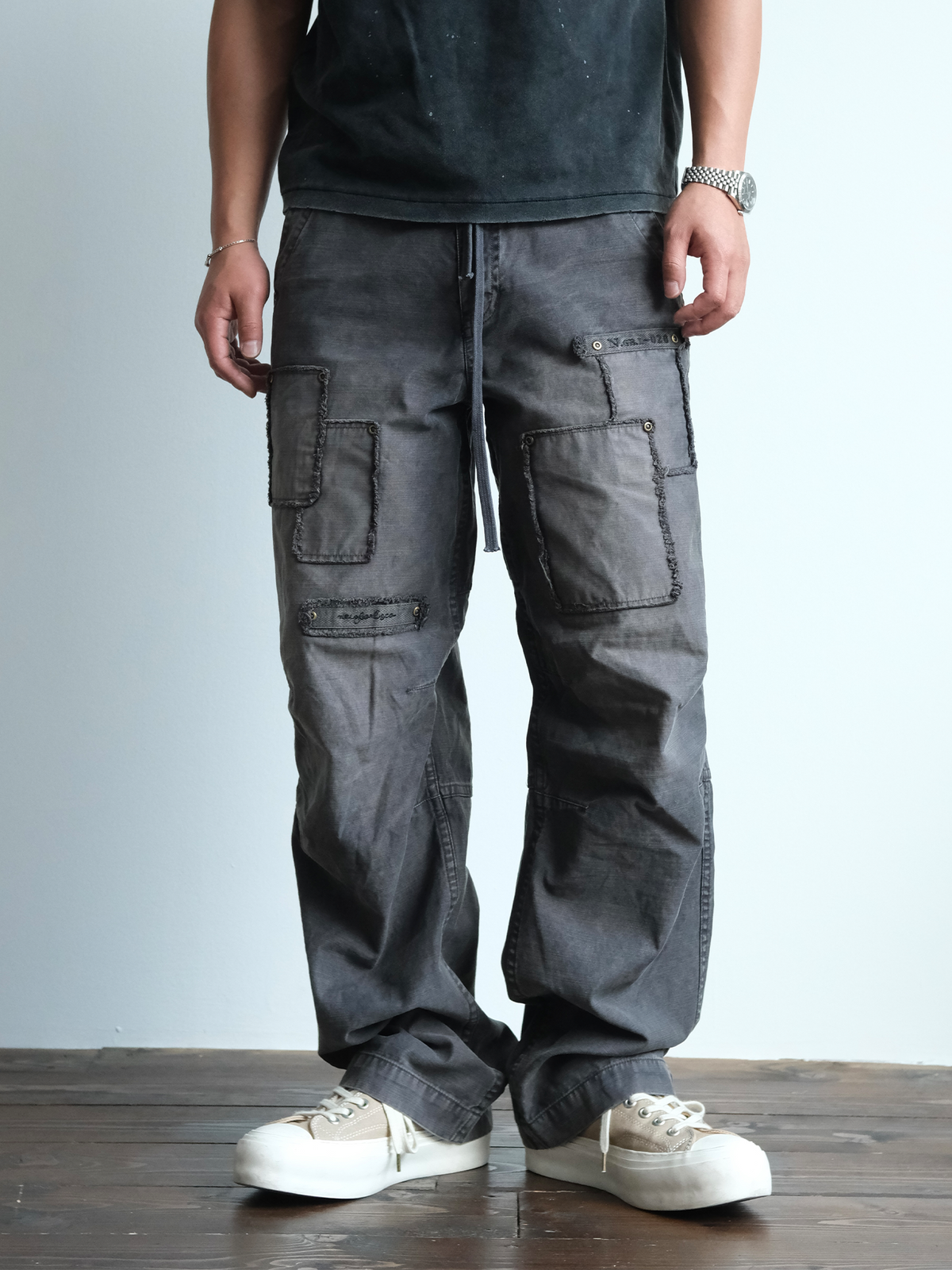 Charcoal Raw Edge Patch Pocket Cargos - detail or styled view 6