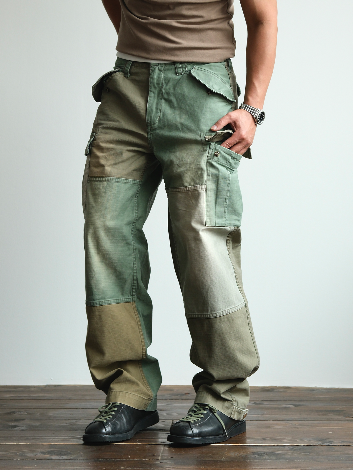 Two Tone Paneled Cotton Cargo Pants - detail or styled view 6