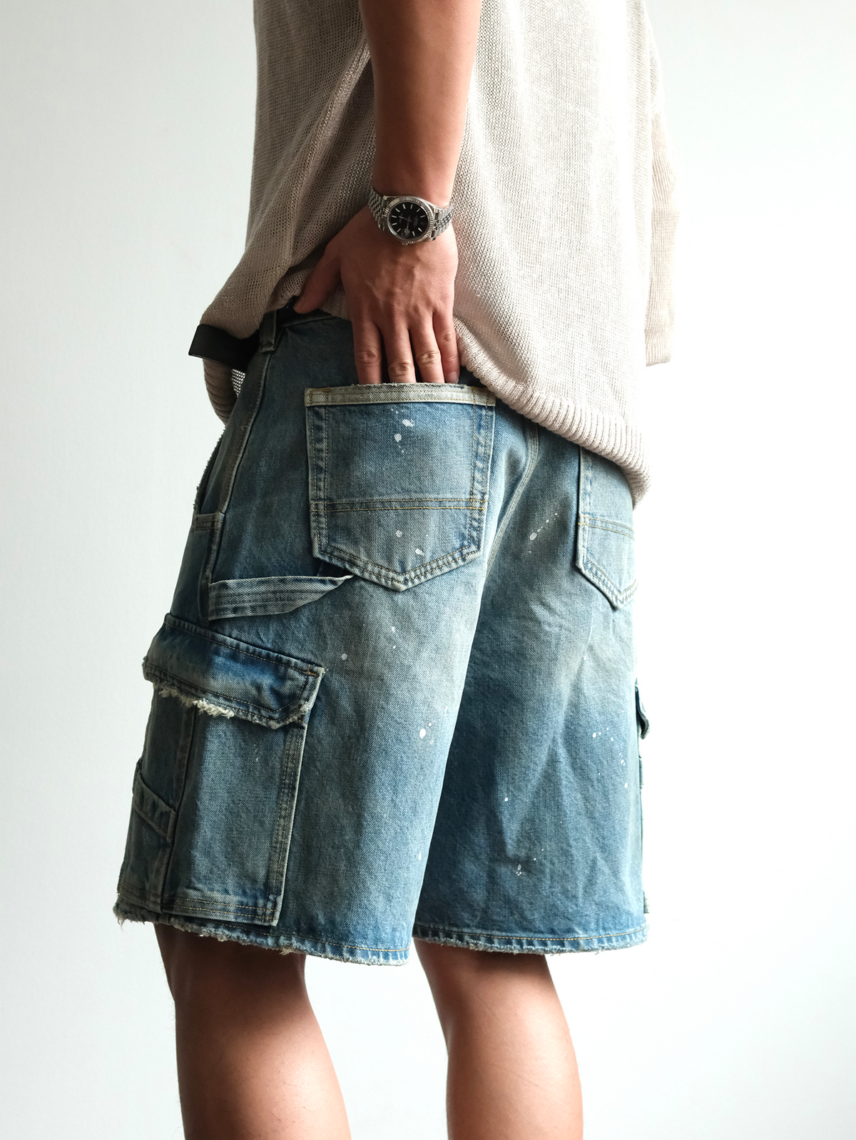 Paint Splattered Denim Cargo Shorts - product view 11