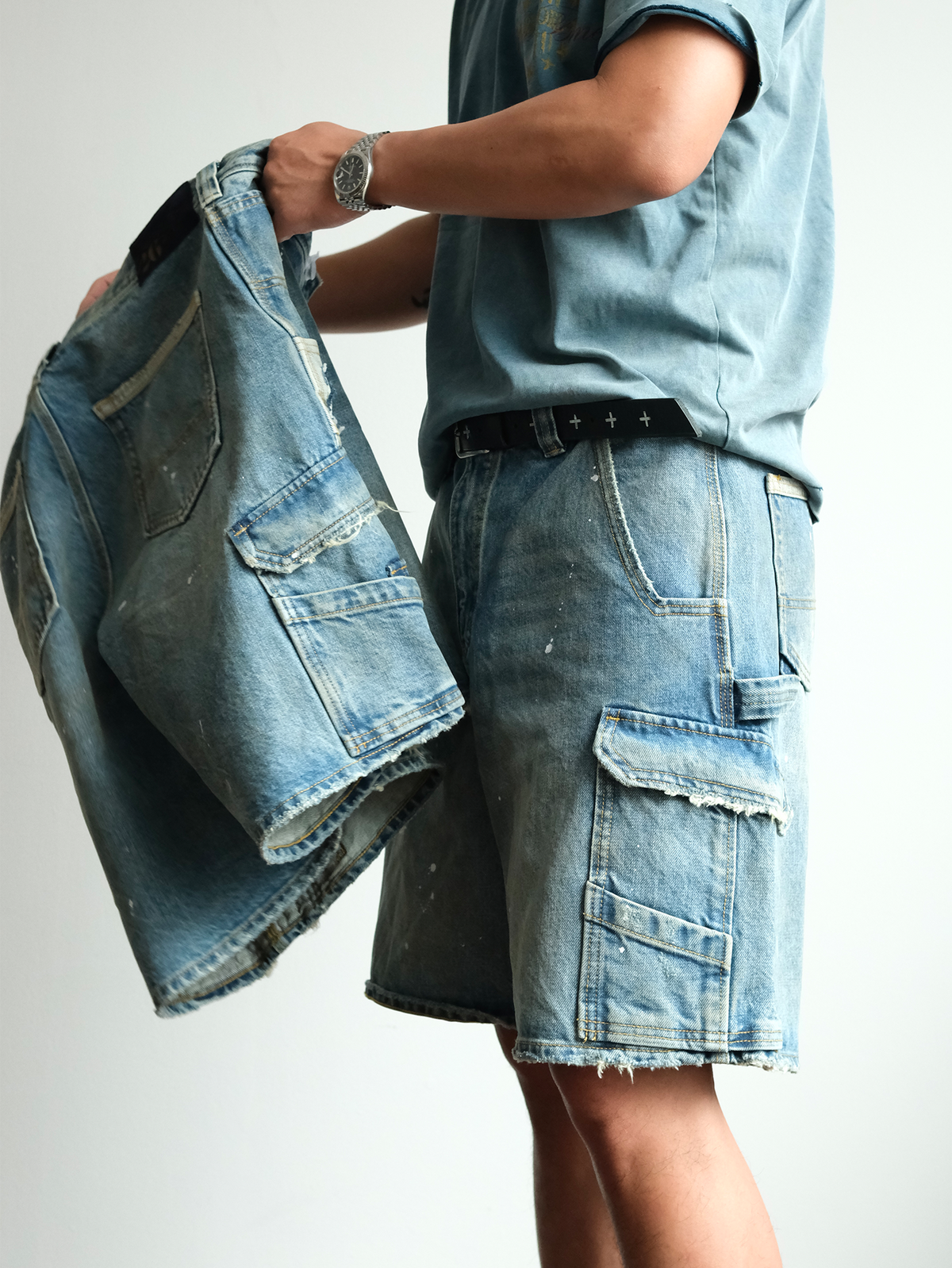 Paint Splattered Denim Cargo Shorts - product view 13