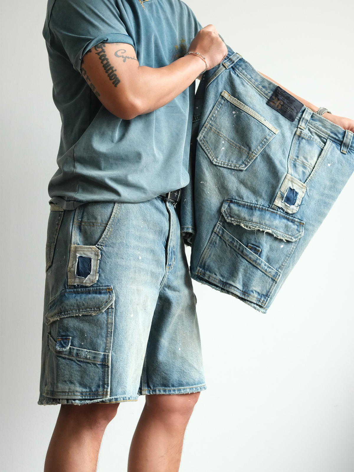 Paint Splattered Denim Cargo Shorts - product view 14