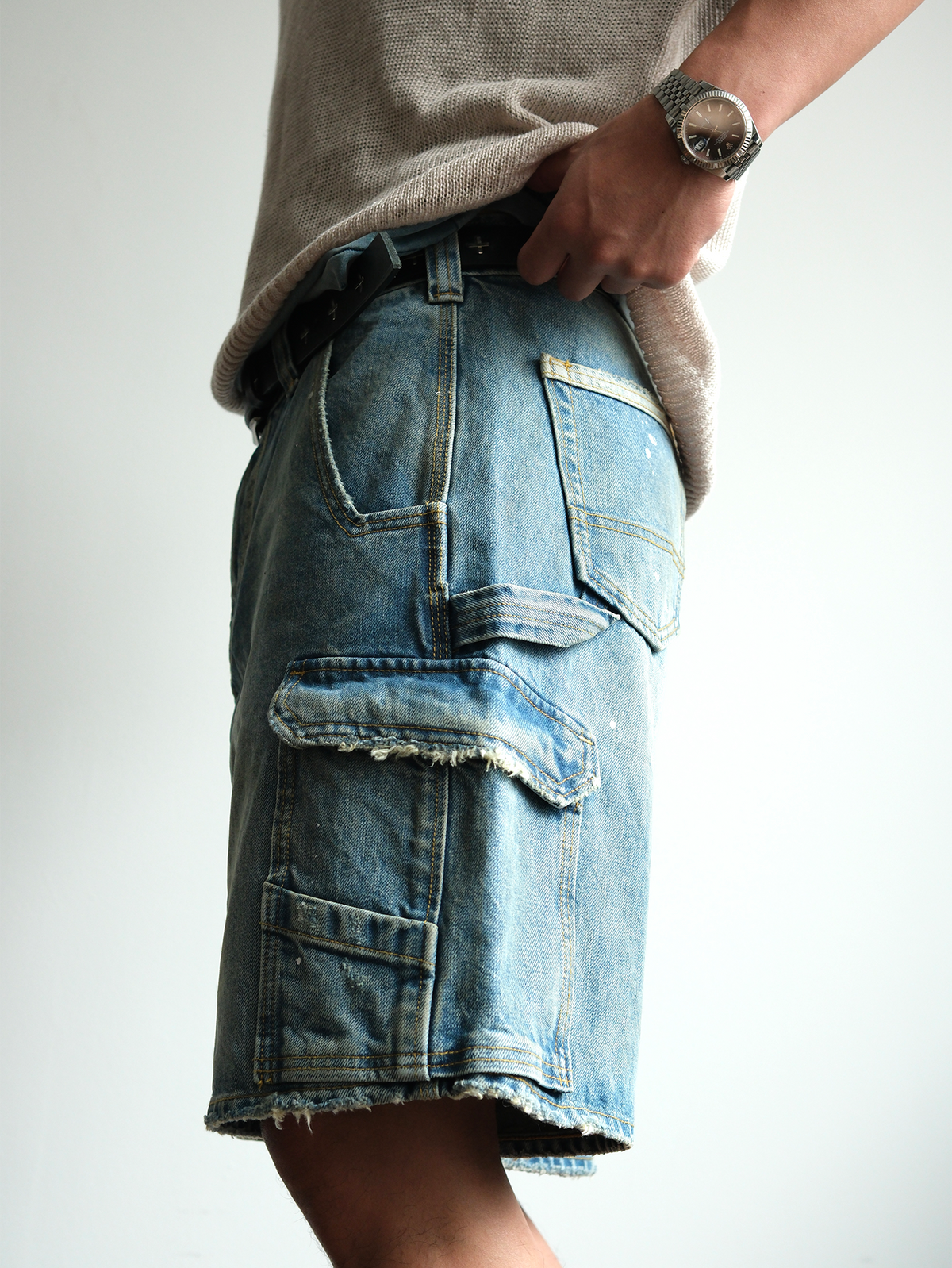 Paint Splattered Denim Cargo Shorts - product view 15