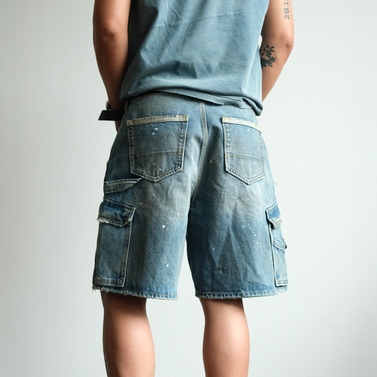 Paint Splattered Denim Cargo Shorts - product view 2