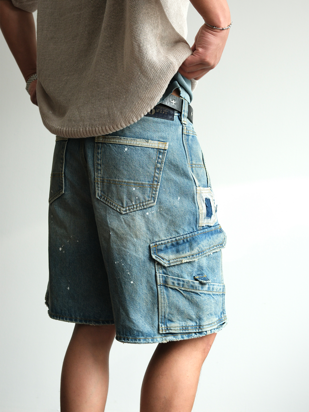 Paint Splattered Denim Cargo Shorts - product view 8