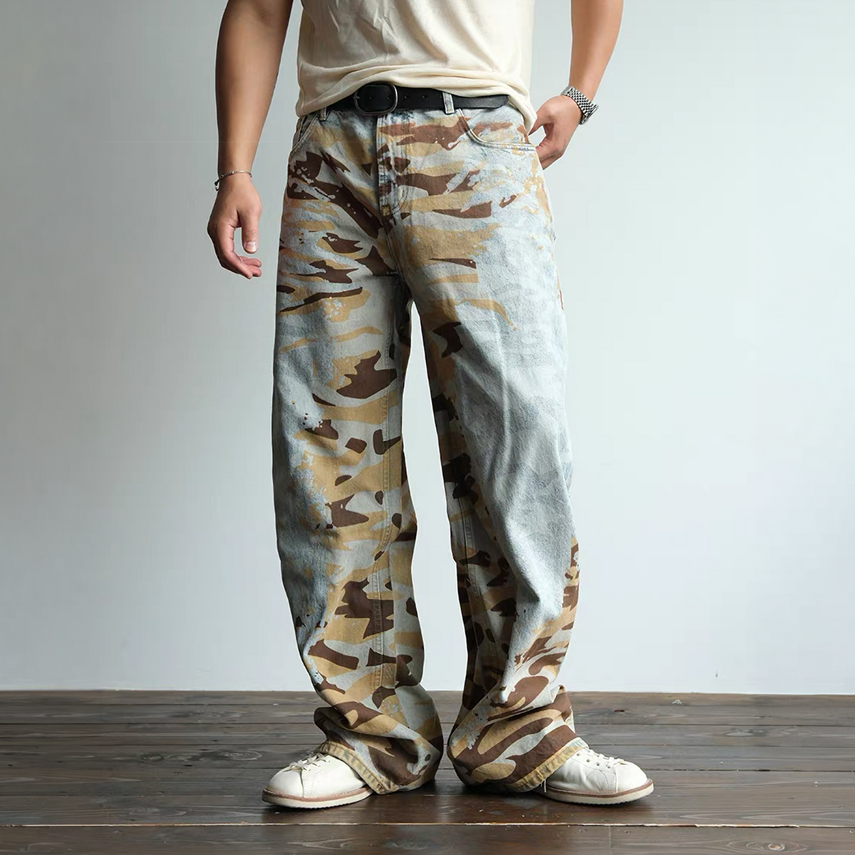 Washed Camouflage Straight Leg Jeans - product view 1