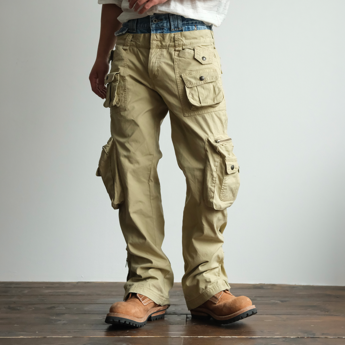 Denim Waistband Zip Hem Cargo Pants - product view 1
