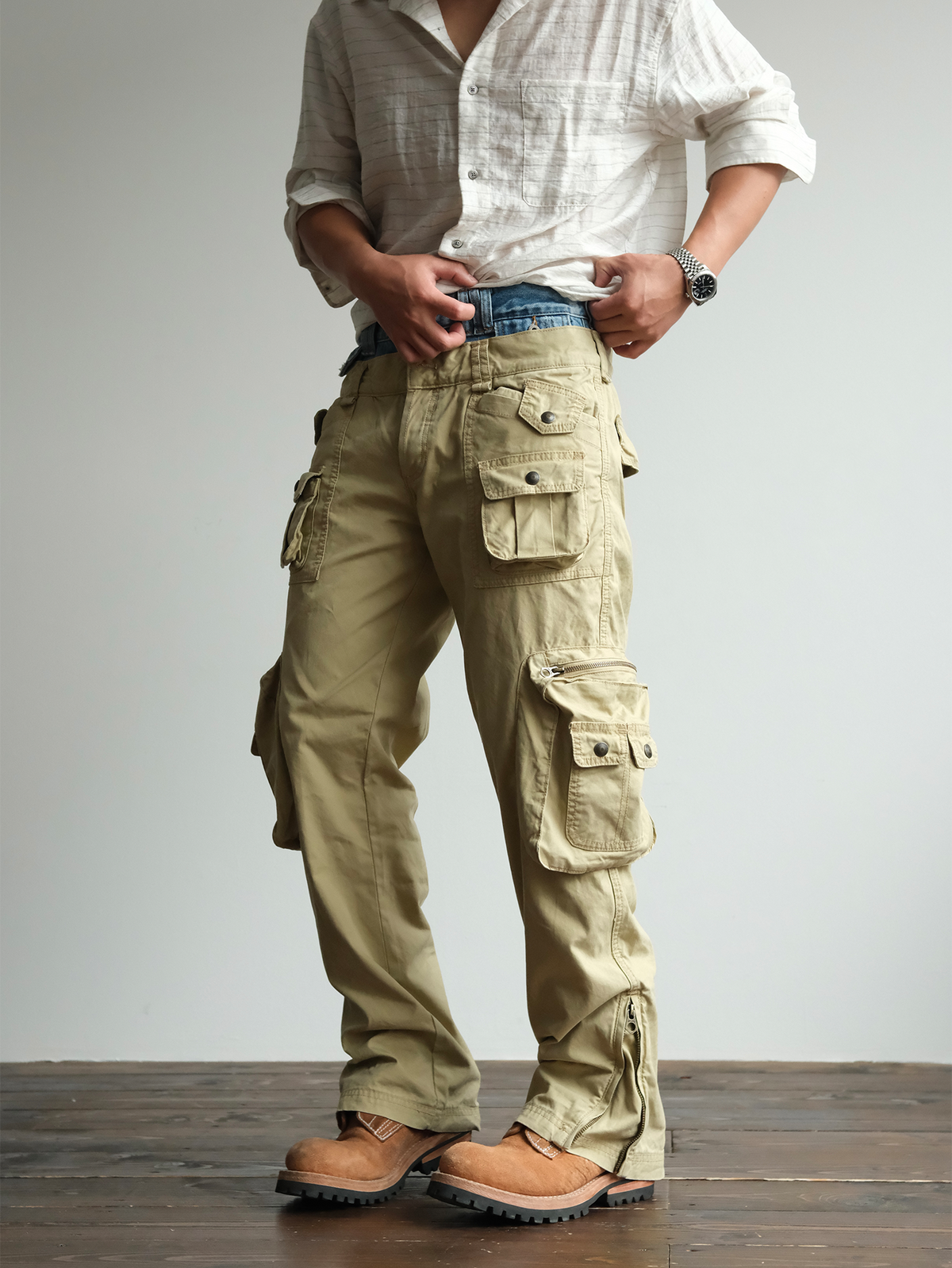Denim Waistband Zip Hem Cargo Pants - detail or styled view 10