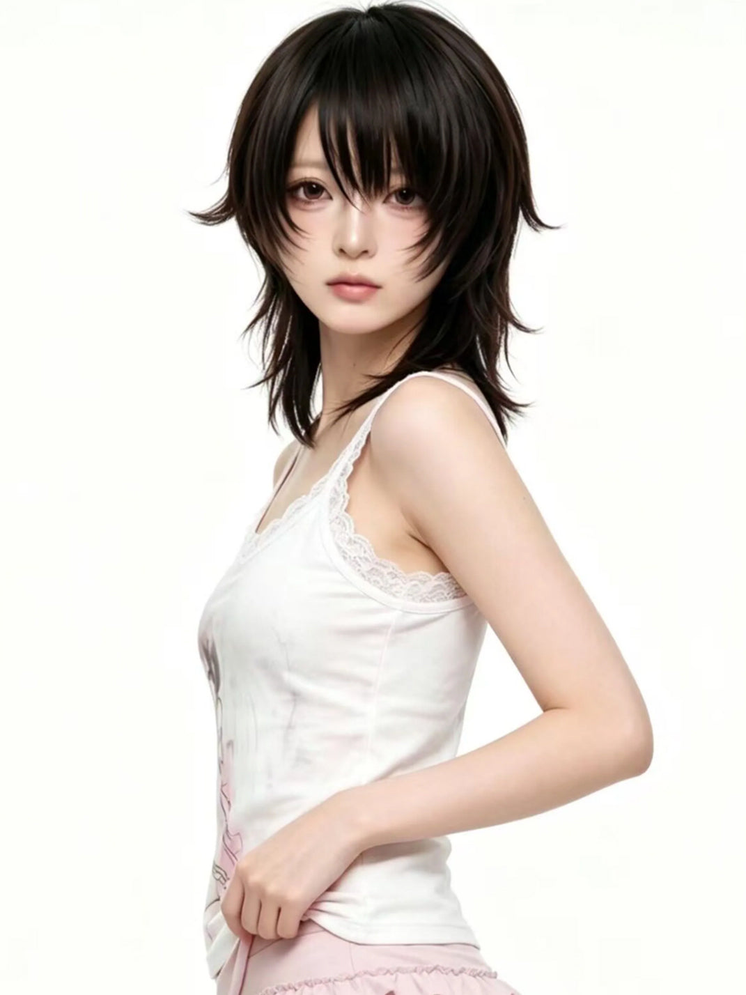 Pink Graphic Lace-Trim White Cami — view 2