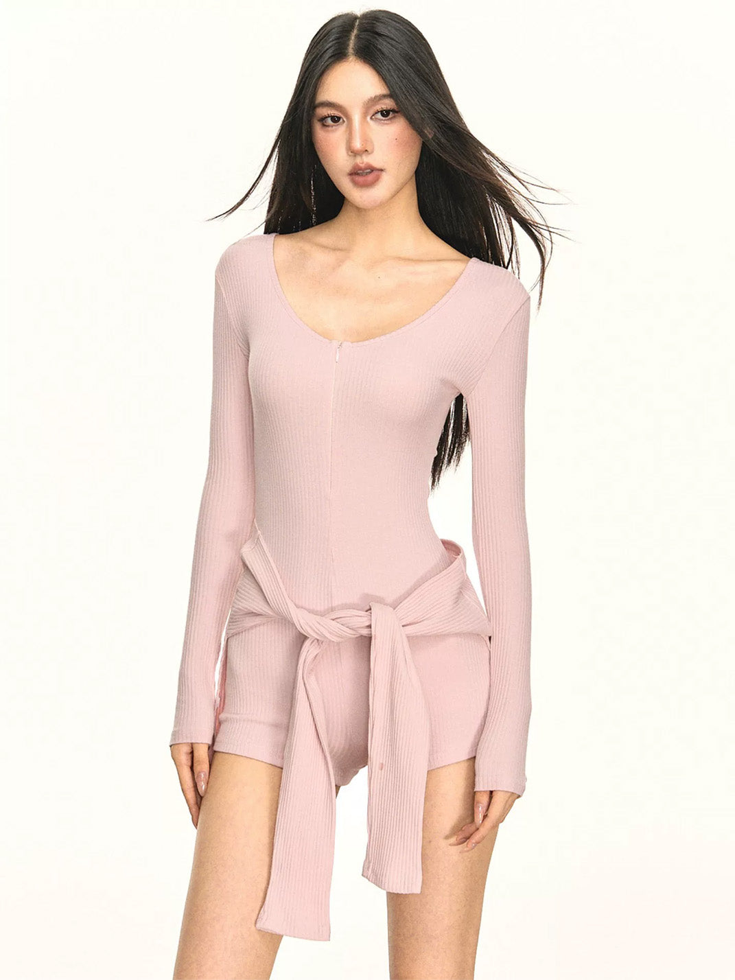 Pink Ribbed Tie-Waist Zip Romper — view 1