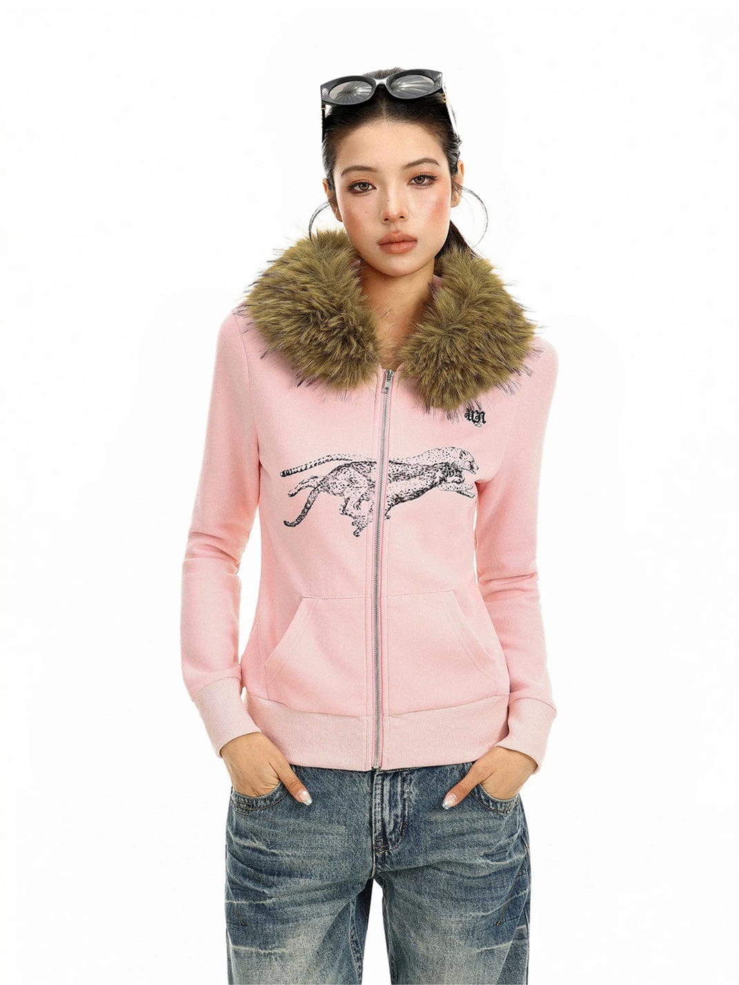 Cheetah Print Plush-Trim Fitted Hoodie — view 2