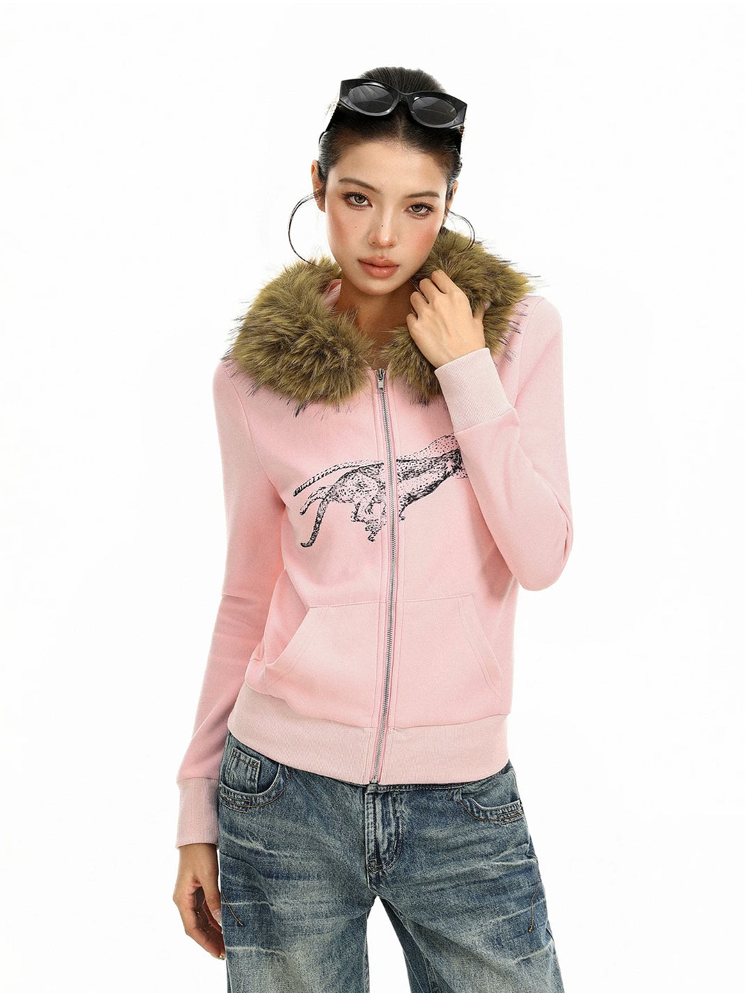 Cheetah Print Plush-Trim Fitted Hoodie — view 3