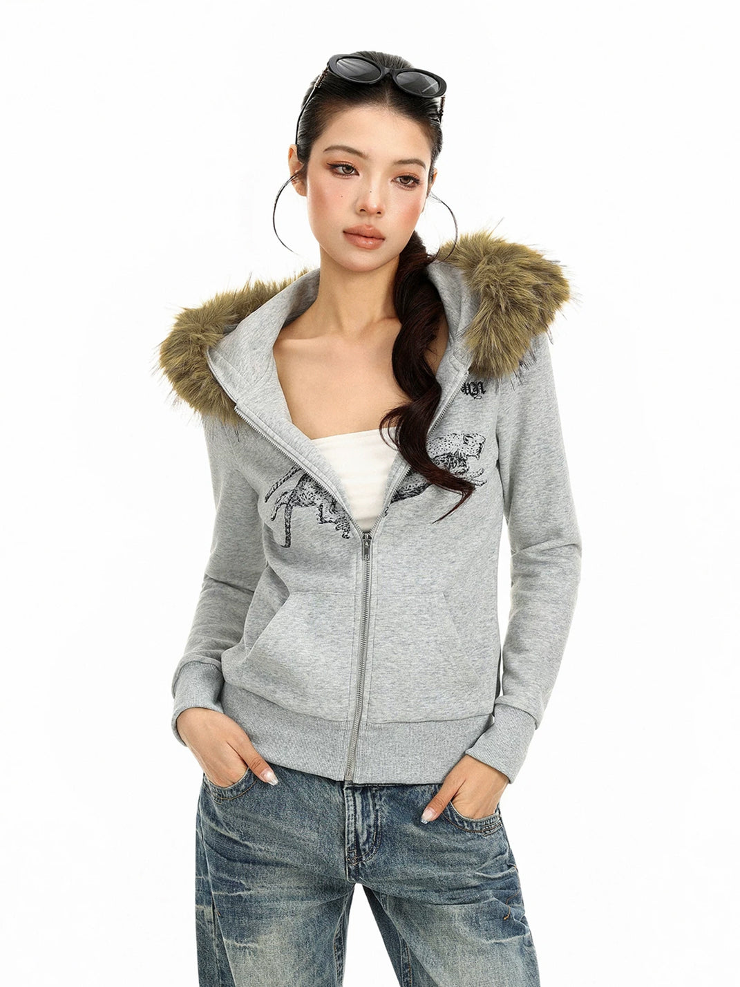 Cheetah Print Plush-Trim Fitted Hoodie — view 5