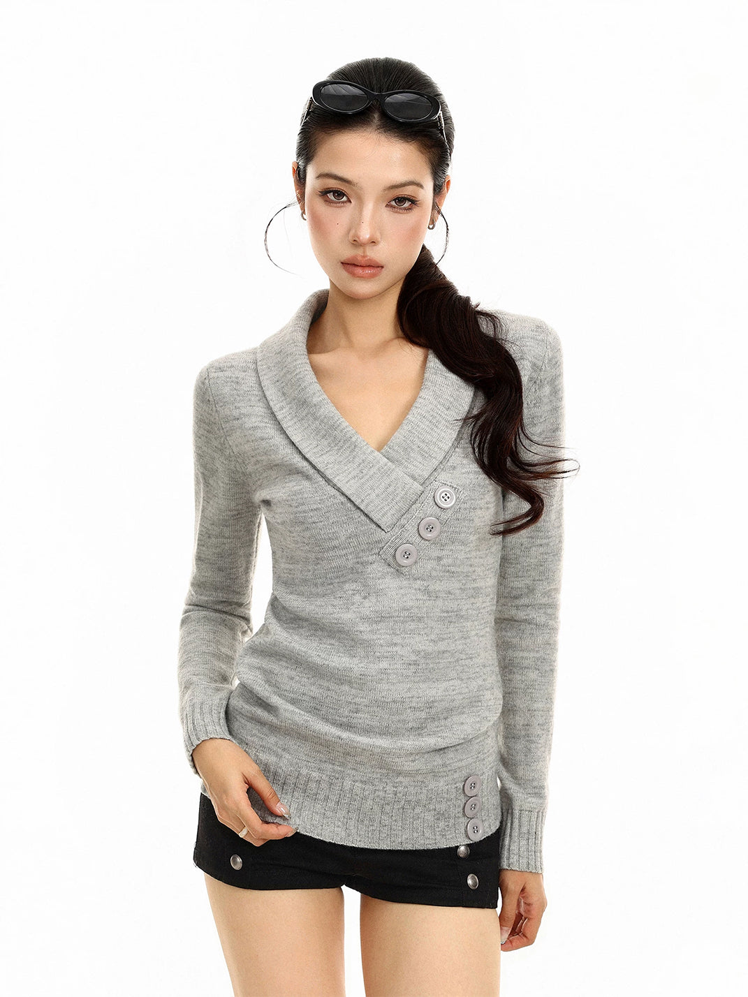 Button-Accent Shawl V-Neck Knit Top — view 2