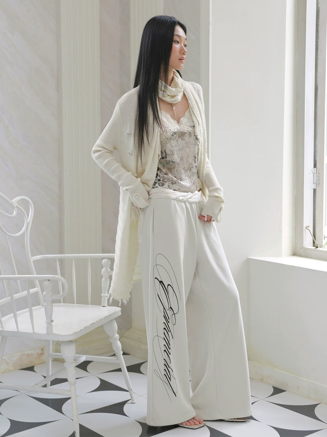 Satin-Waist Script Print Lounge Pants — view 4