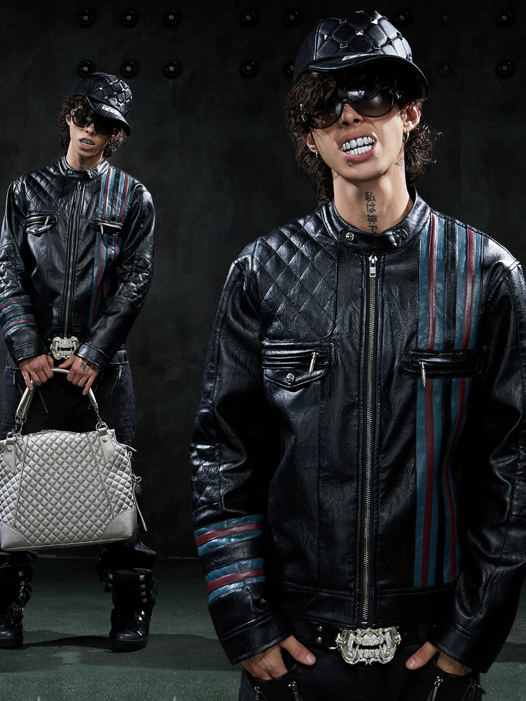 Contrast-Stripe Diamond-Quilted Moto Jacket — view 4