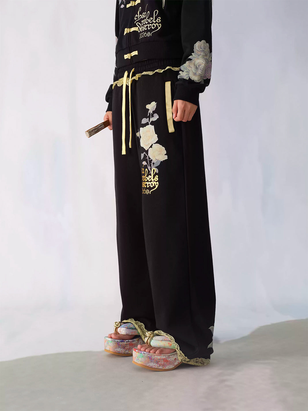 Yellow Lace Rose-Graphic Wide-Leg Sweatpants — view 2