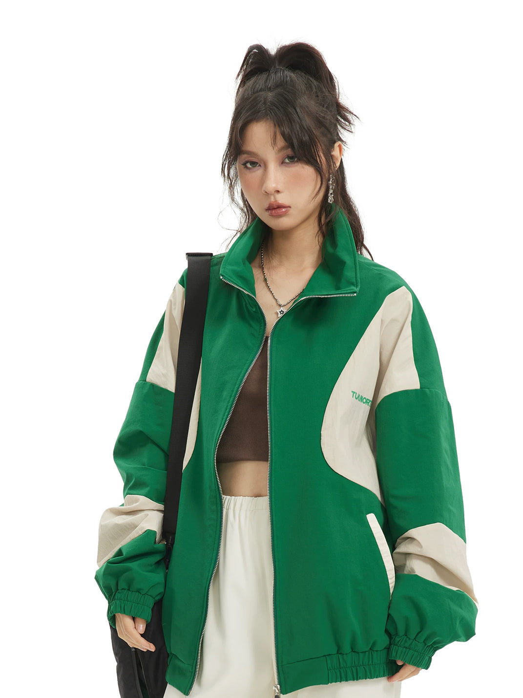 Curved Contrast Panel Stand Collar Jacket - product view 6