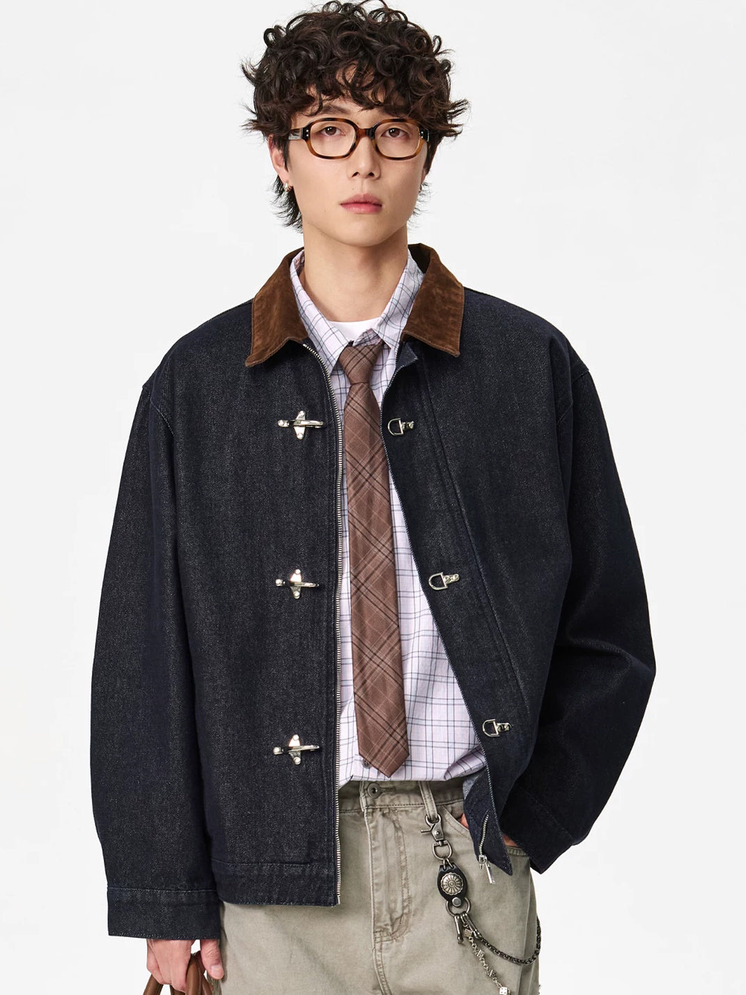 Corduroy Collar Hook Fastening Denim Jacket - product view 2