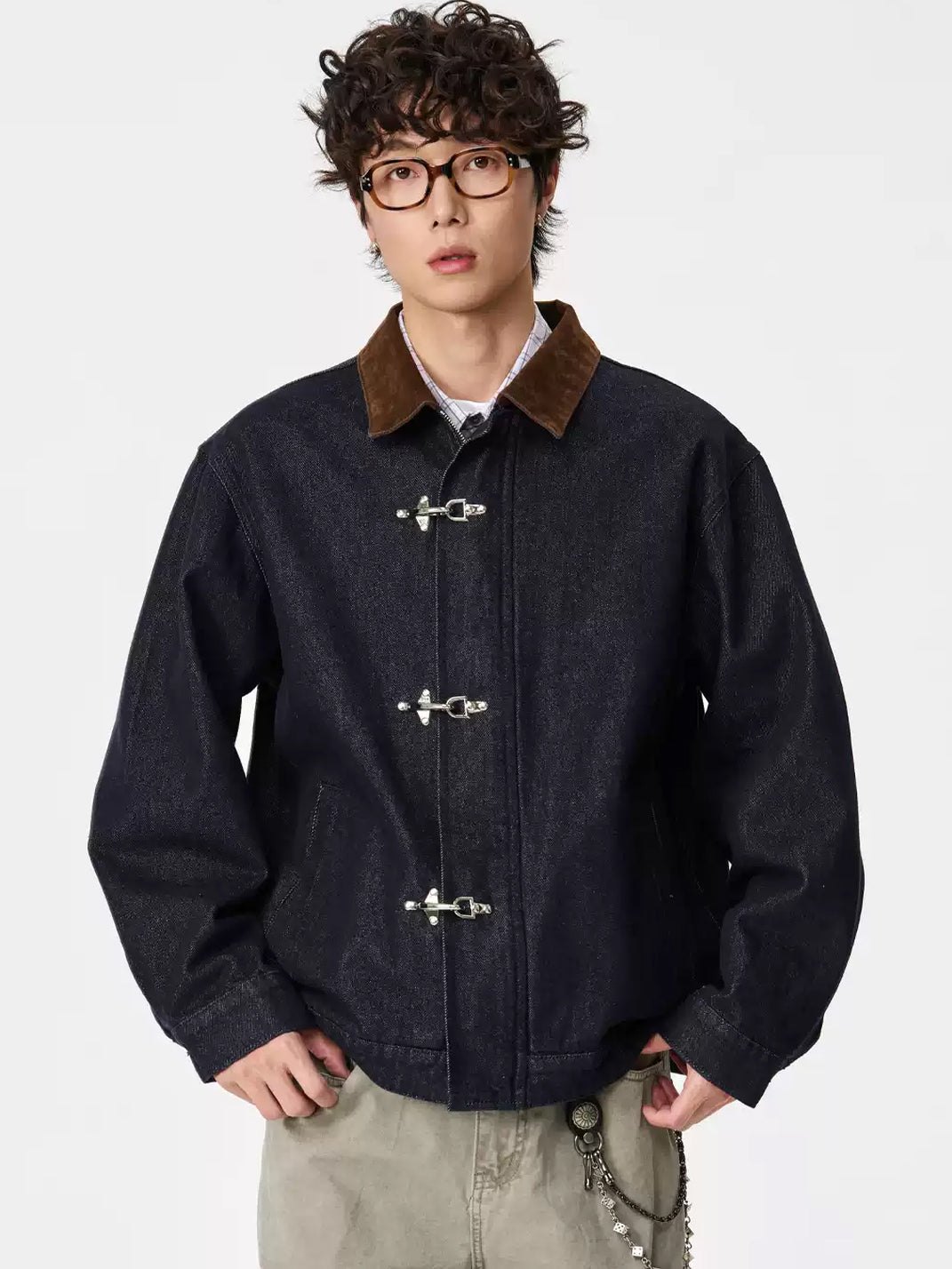 Corduroy Collar Hook Fastening Denim Jacket - product view 3