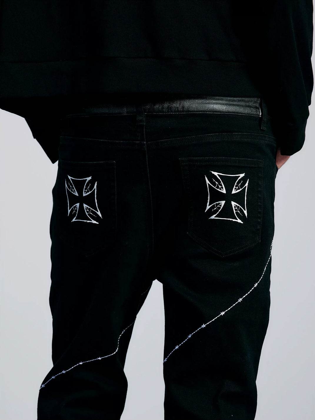 Contrast Stitch Double Waist Black Flared Jeans - product view 4