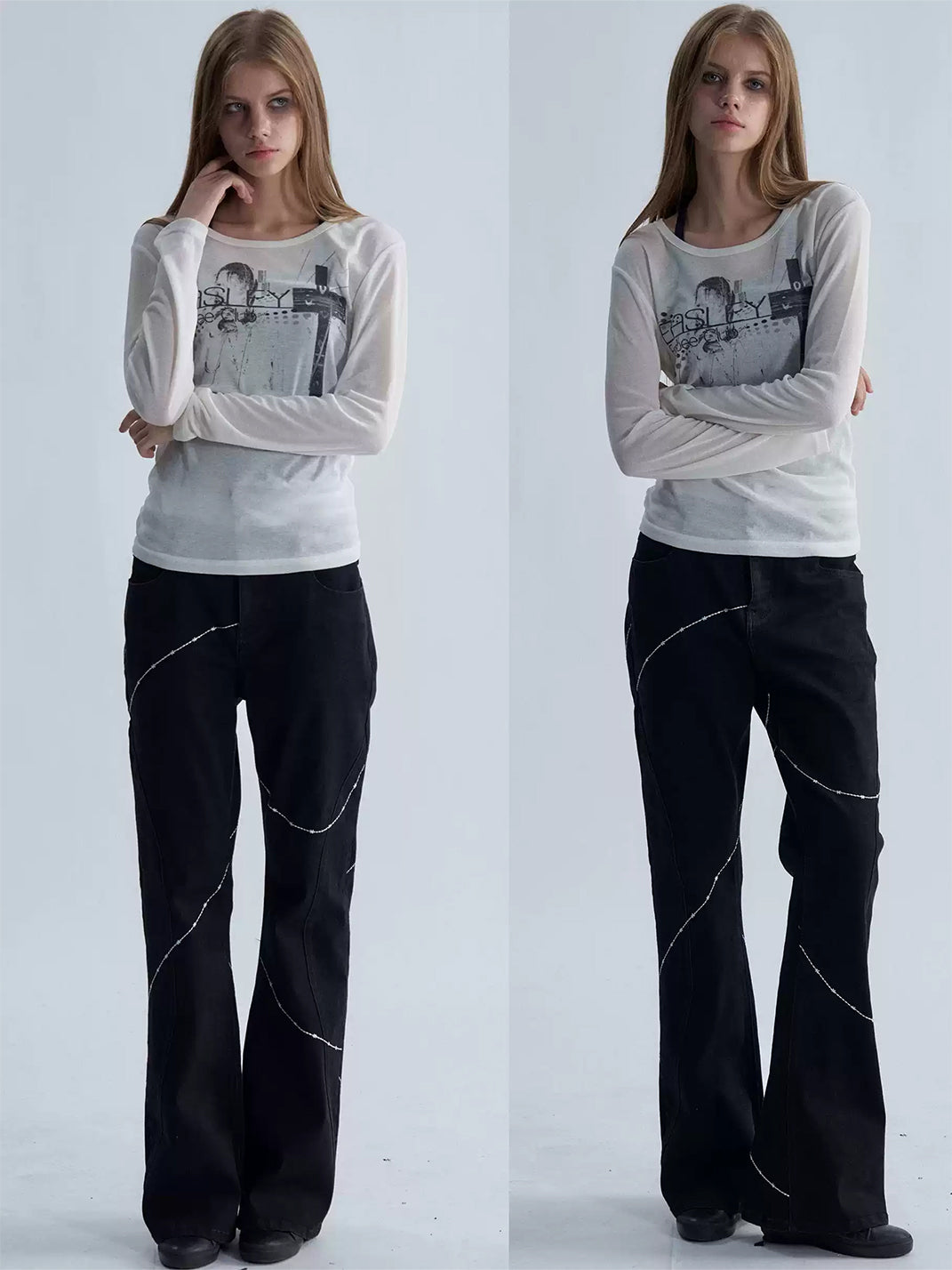Contrast Stitch Double Waist Black Flared Jeans - product view 7