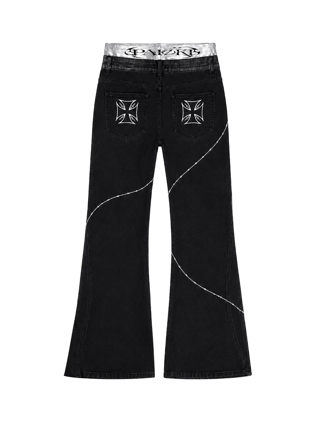 Contrast Stitch Double Waist Black Flared Jeans - product view 8