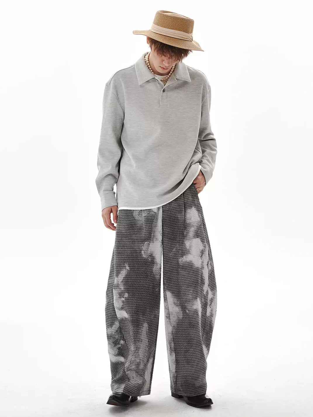Cloud Print Curved Leg Check Trousers - product view 3