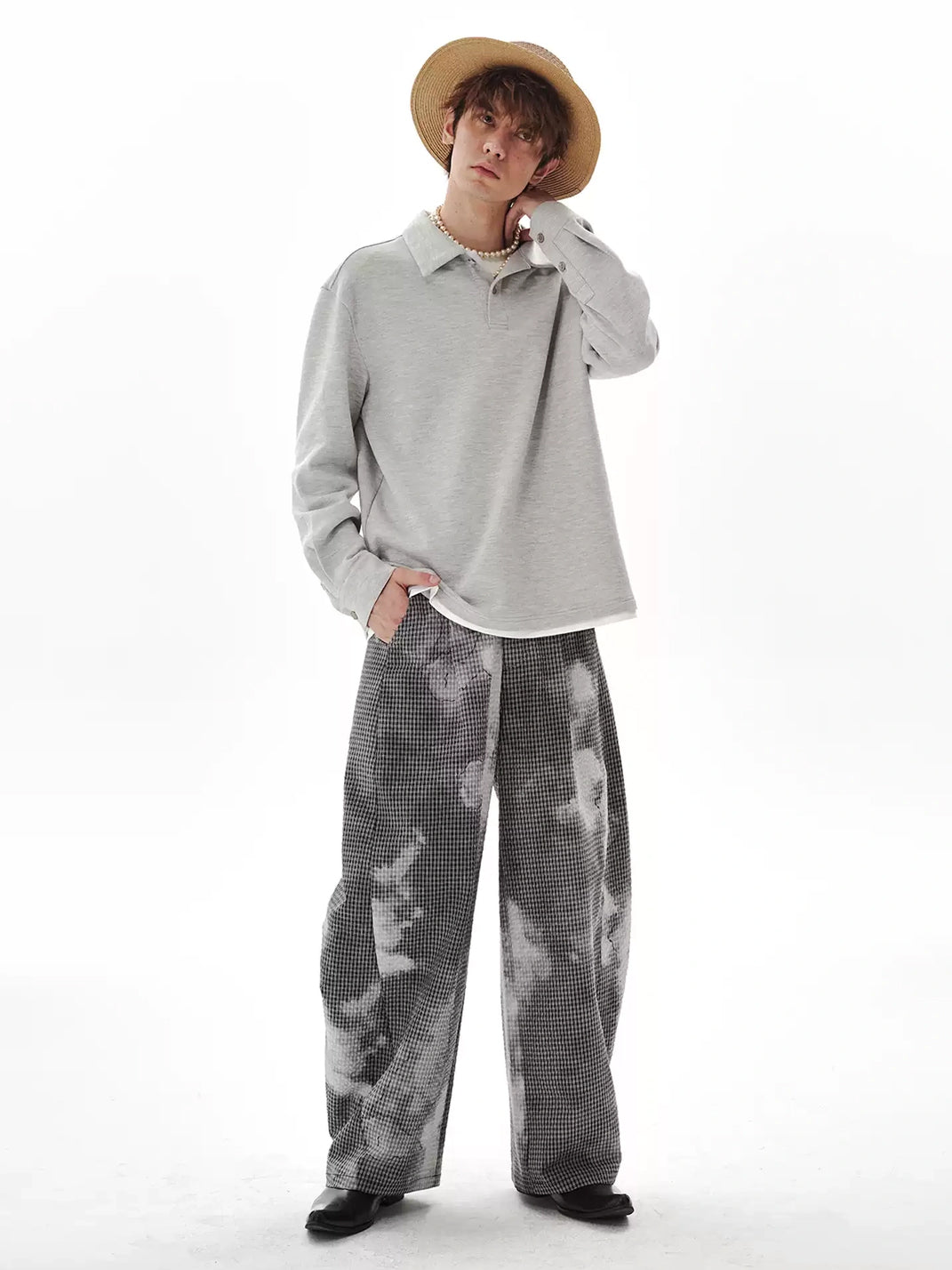 Cloud Print Curved Leg Check Trousers - product view 4