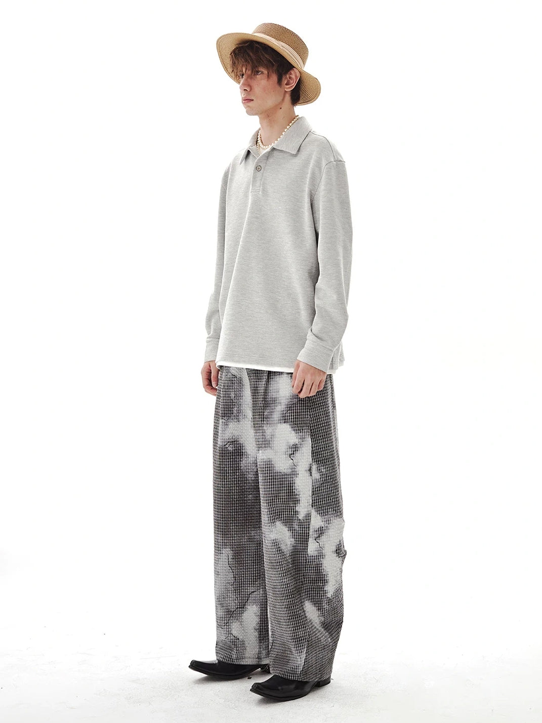 Cloud Print Curved Leg Check Trousers - product view 5