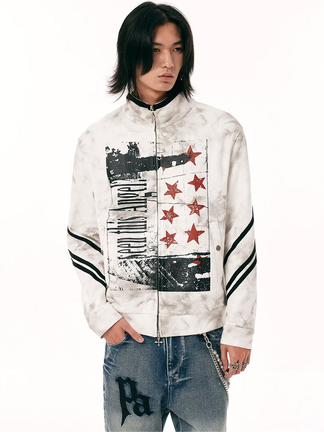 Washed Star Graphic Striped Sleeve Zip Jacket - product view 2