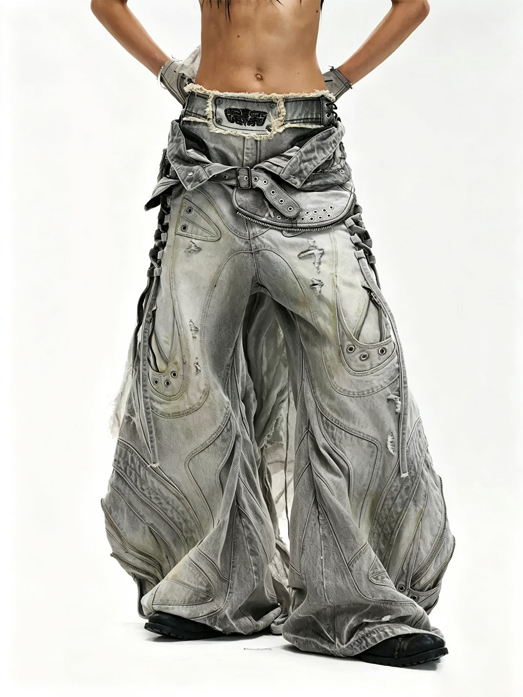 Sculpted Lace Up Patchwork Flare Jeans - view 3